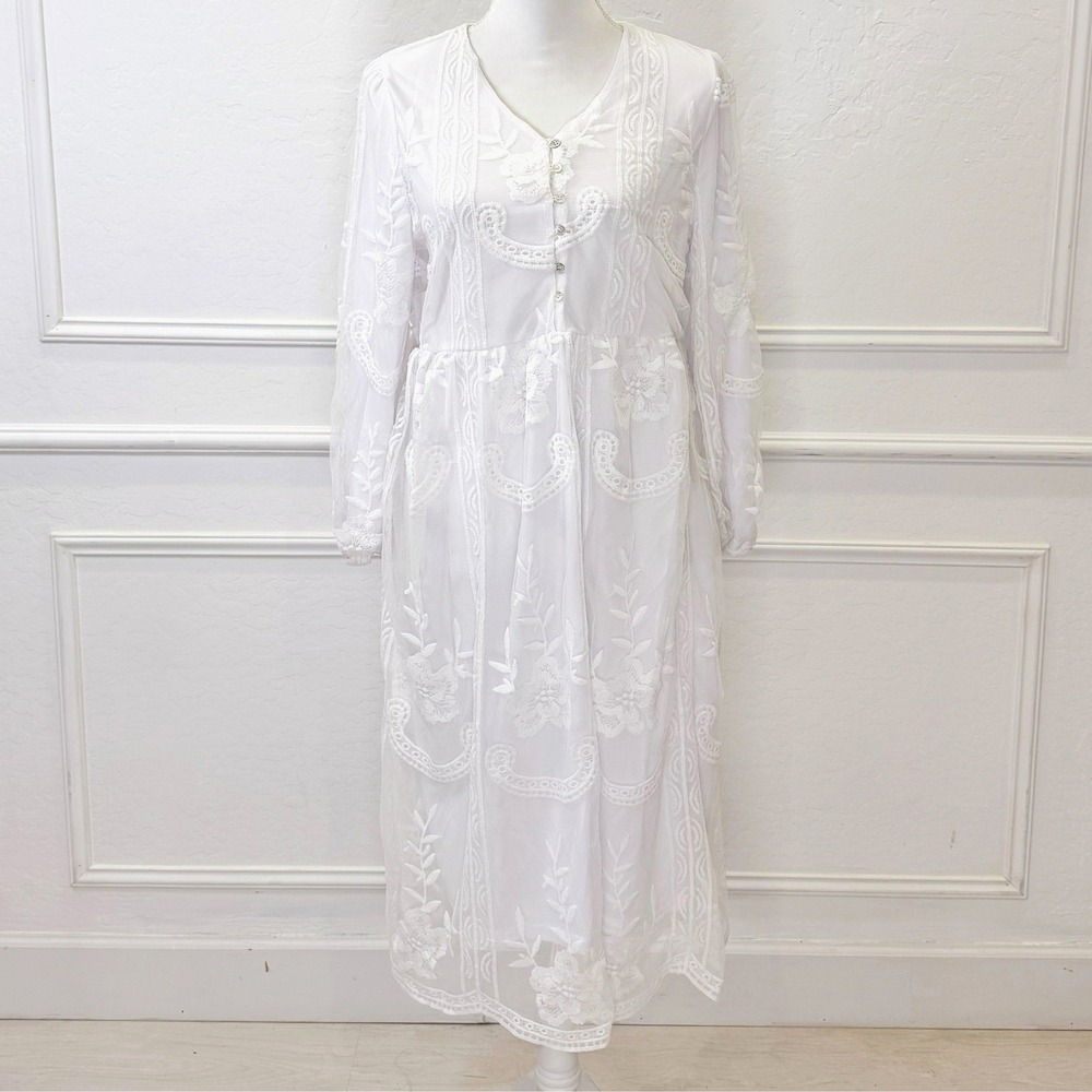 Orange Creek White Floral Embroidered‎ Mesh Boho Midi Dress Large Long Sleeve